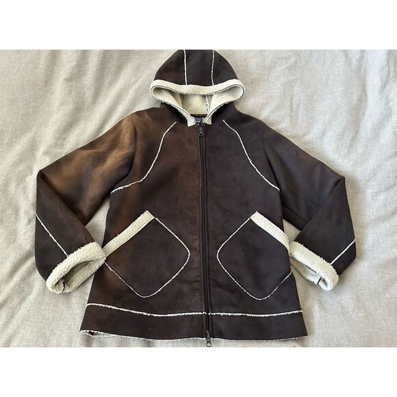 Patagonia Coat Small Faux Suede Sherpa Brown Vintage Retro Hooded Patch Pockets - Picture 1 of 6